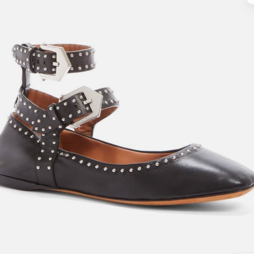 GIVENCHY Elegant Ankle Strap Ballet Flat Shoe Studded Black Leather  - Size 38.5